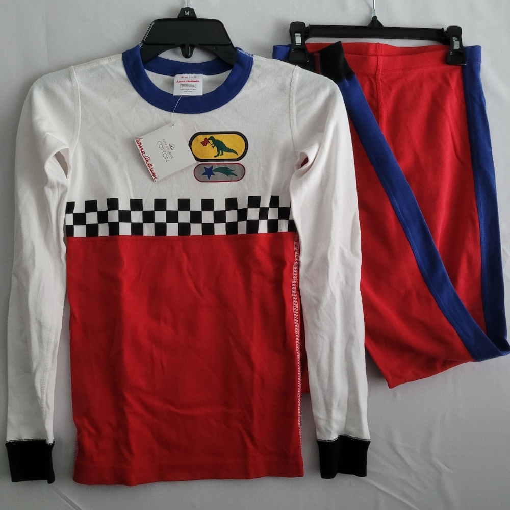New Hanna Andersson 2-Piece Pajama Set Boys 150 (12) Long Johns Racing Dinosaur